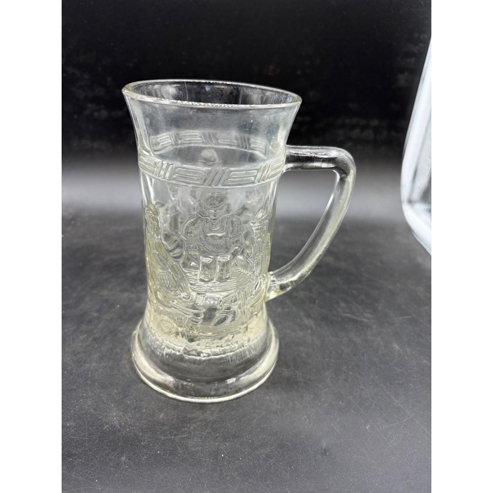 Vntg‎ Pressed Glass Beer Stein Tavern Scene Embossed Clear Glass Mug Collectible